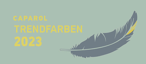 Grüne Kachel mit grauer Feder und gelbem Text: Caparol Trendfarben 2023.